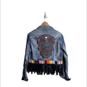 Boot Rugs Denim Jacket Fringe Large L Western Skull Embroidered Women’s Multi